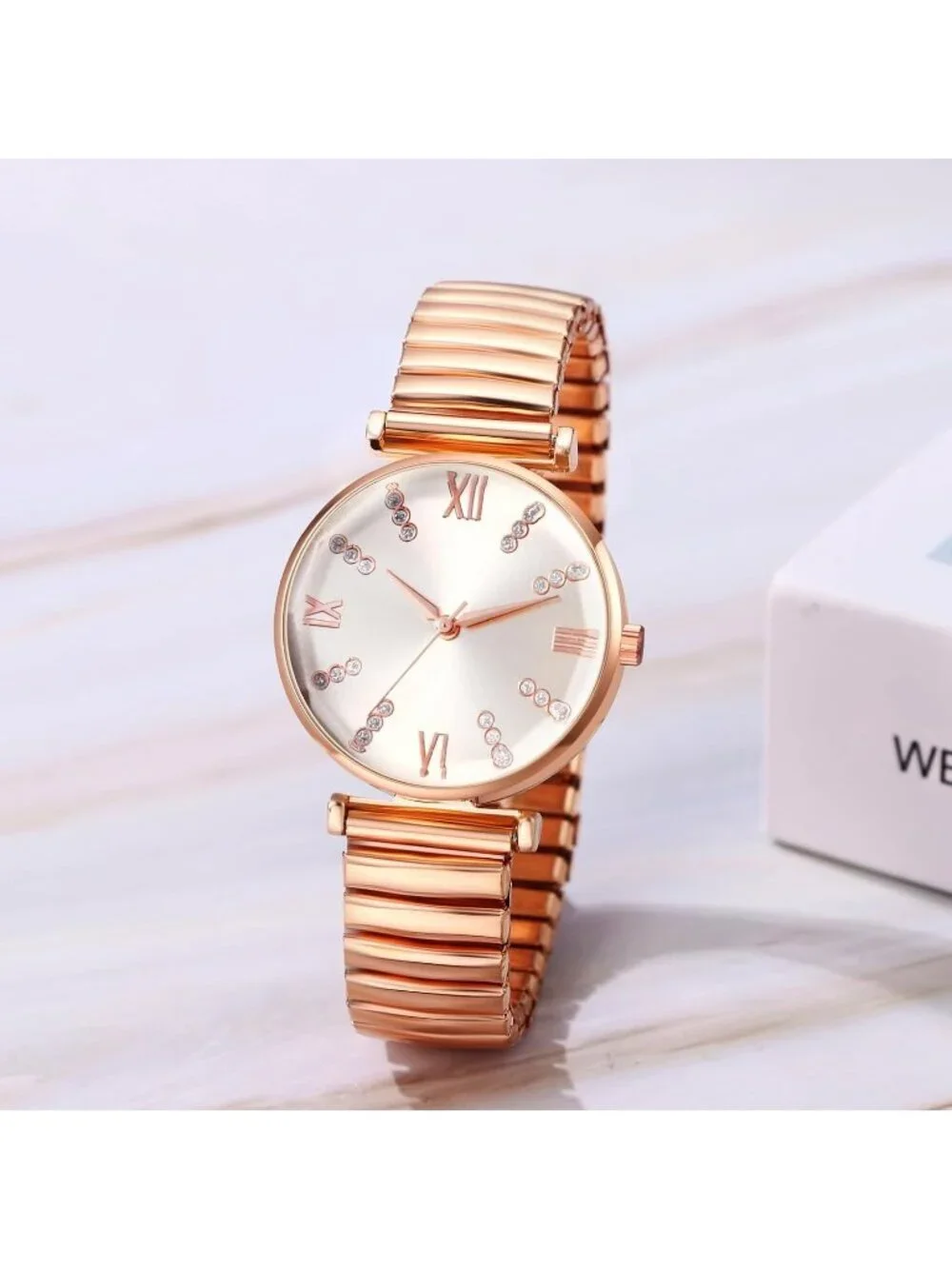 Women's Rose Gold Analog Quartz Elastic Strap Arabic Numerals Waterproof Watch